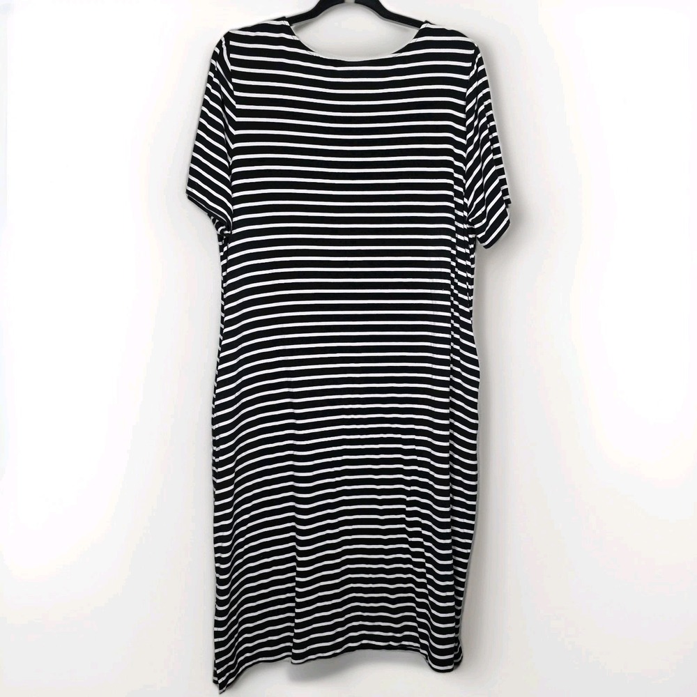 Catherines 1X‎ Black White Striped Midi Shift Dress Pockets Stretch Casual - Picture 2 of 7